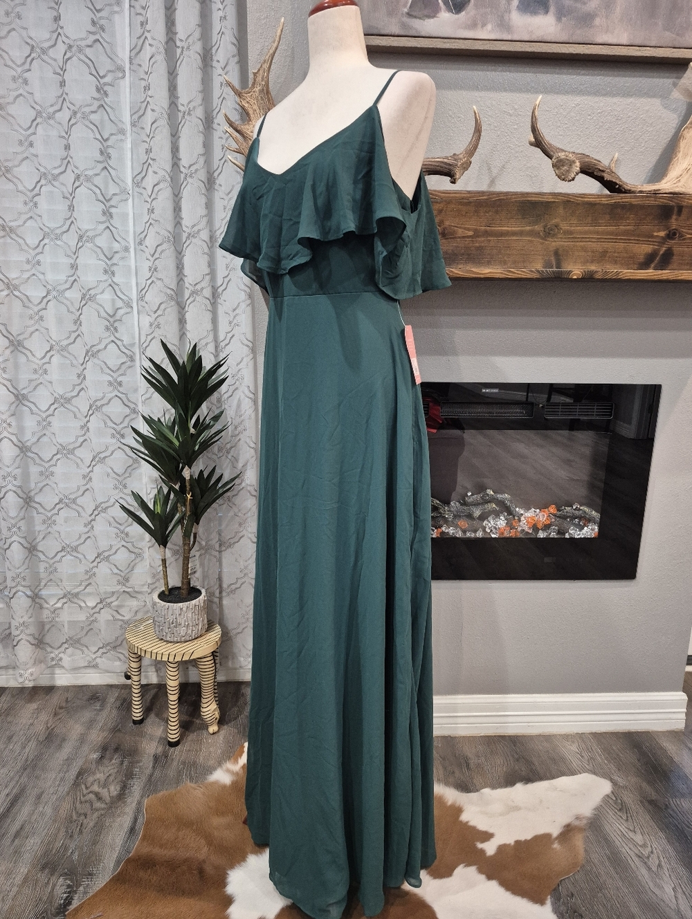 NEWBirdy Grey Jane Dress Size Large Teal Ruffle-Front Spaghetti-Strap Maxi Dress - Picture 4 of 7
